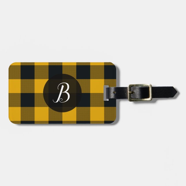 Yellow & Black Buffalo Plaid Chequered Squares Luggage Tag (Front Horizontal)
