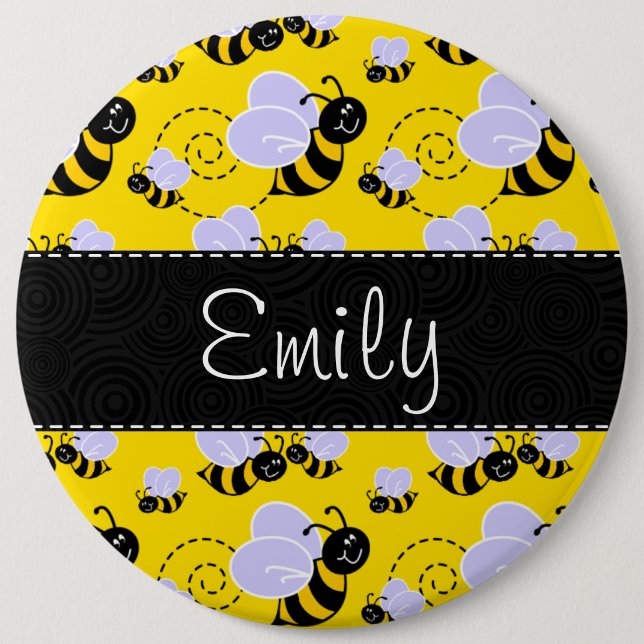 Yellow & Black Bumble Bee 6 Inch Round Button (Front)