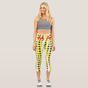 Yellow Black checkboard add name monogram name let Capri Leggings