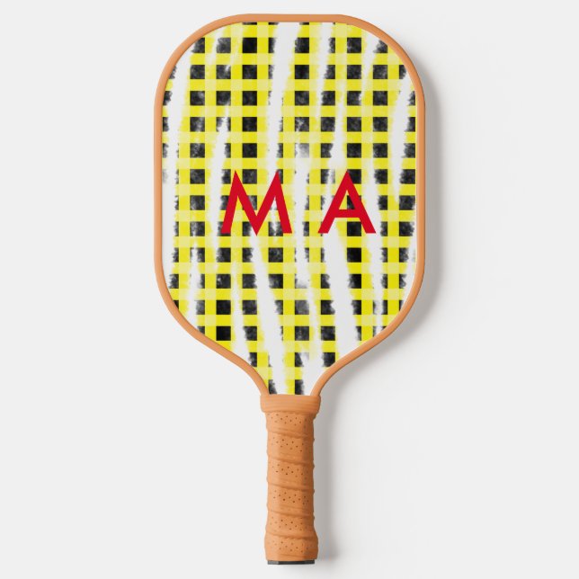 Yellow Black checkboard add name monogram name let Pickleball Paddle (Front)