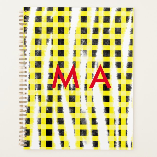 Yellow Black checkboard add name monogram name let Planner (Front)