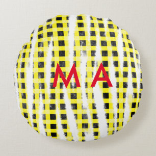 Yellow Black checkboard add name monogram name let Round Pillow