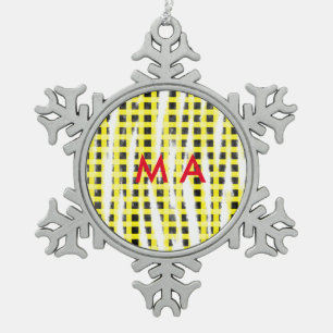 Yellow Black checkboard add name monogram name let Snowflake Pewter Christmas Ornament