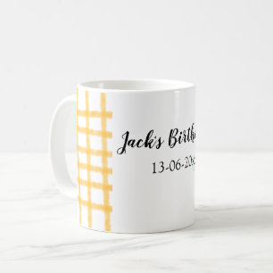 yellow black chequerboard add birthday date name coffee mug