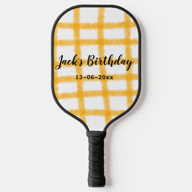 yellow black chequerboard add name date birthday  pickleball paddle (Front)