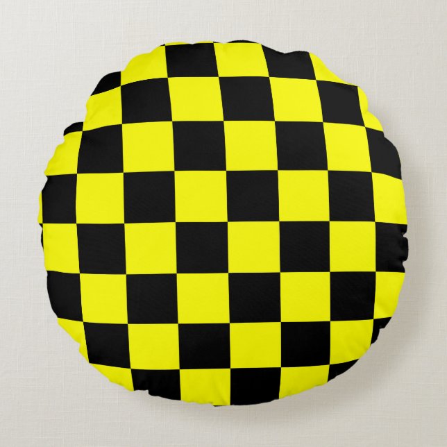 Yellow Black Chequered Check Pattern Round Pillow (Front)
