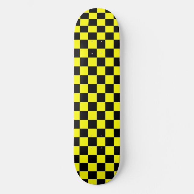 Yellow Black Chequered Check Pattern Skateboard (Front)