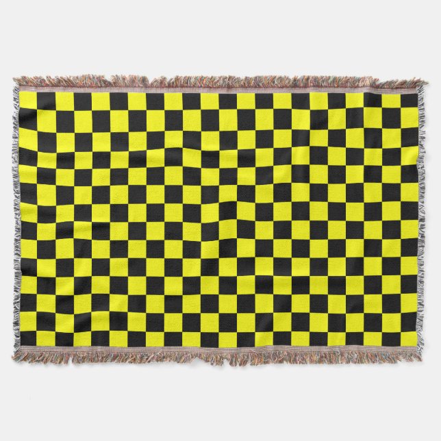 Yellow Black Chequered Check Pattern Throw Blanket (Front)