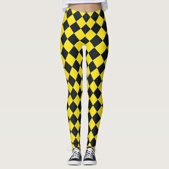 Yellow Black Chequered Diamond Pattern  Leggings (Front)