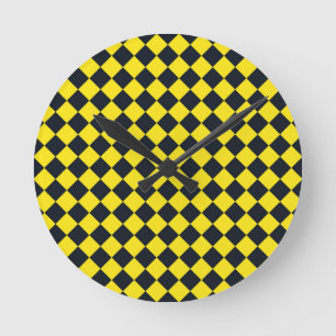 Yellow Black Chequered Diamond Pattern Round Clock