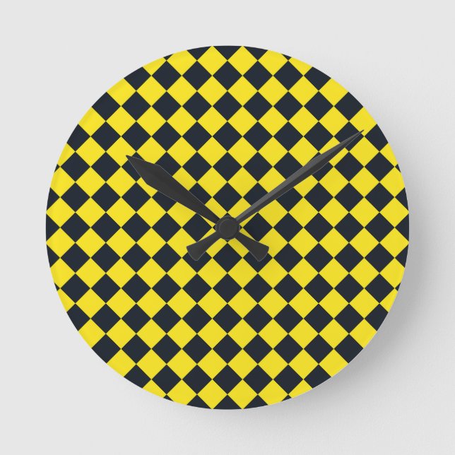 Yellow Black Chequered Diamond Pattern Round Clock (Front)