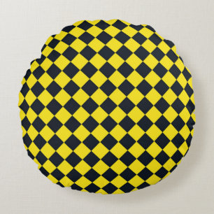 Yellow Black Chequered Diamond Pattern Round Pillow