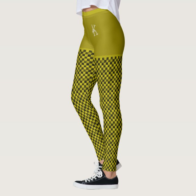 Yellow Black Chequered Pattern Monogram Customized Leggings (Left)
