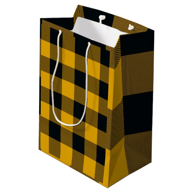 Yellow & Black Chequered Squares Buffalo Plaid Medium Gift Bag (Back Angled)