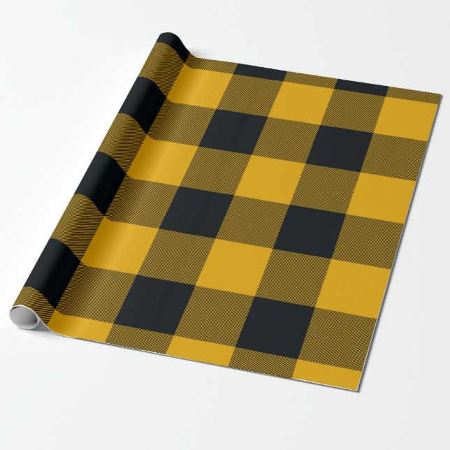 Yellow & Black Chequered Squares Buffalo Plaid Wrapping Paper (Unrolled)