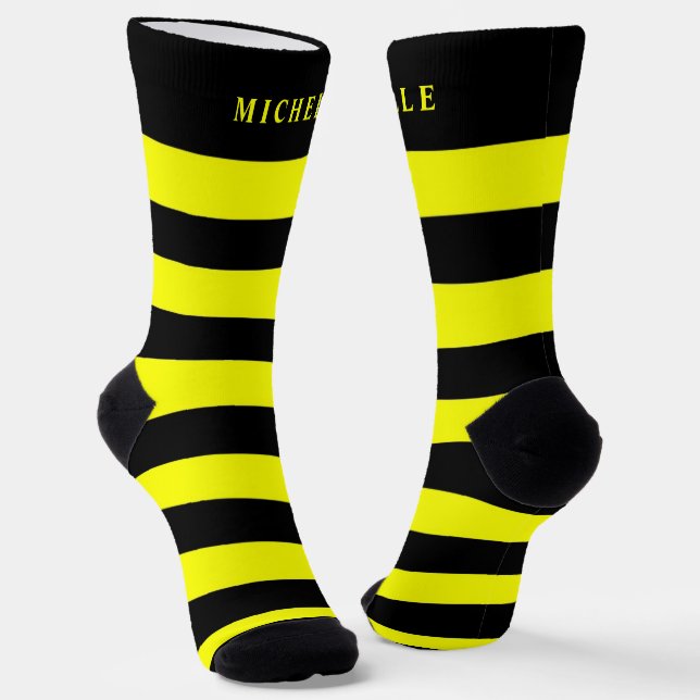 Yellow Black Coloblock Striped For Custom Name  Socks (Angled)