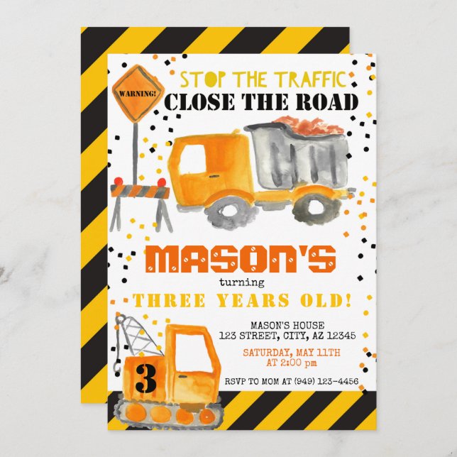 Yellow Black Construction Zone Dump Truck Party Invitation (Front/Back)