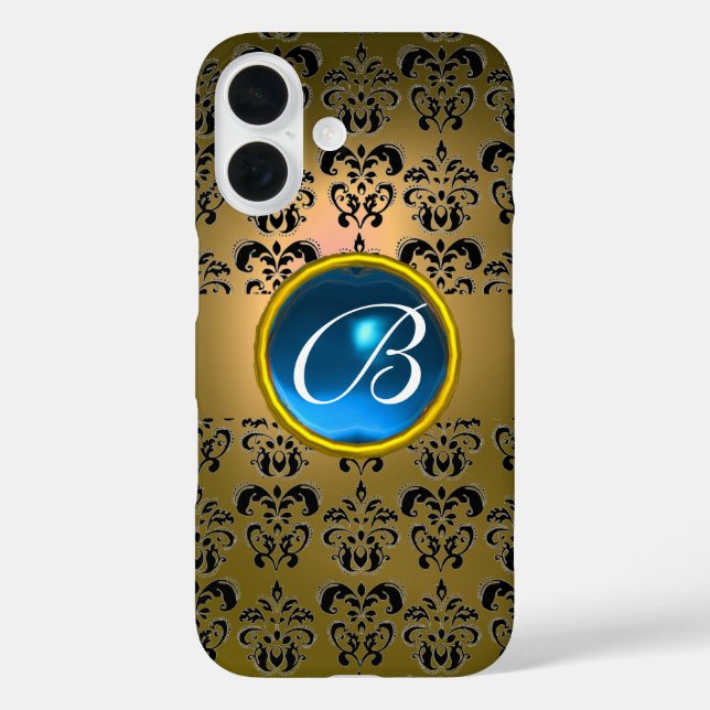 YELLOW BLACK DAMASK BLUE GEMSTONE MONOGRAM Case-Mate iPhone CASE (Back)