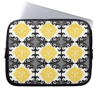 Yellow & black damask floral girly flower pattern laptop sleeve
