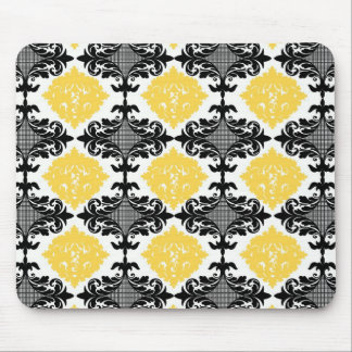 Yellow & black damask floral girly flower pattern mouse pad