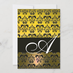 YELLOW BLACK DAMASK MONOGRAM ,bright white Invitation