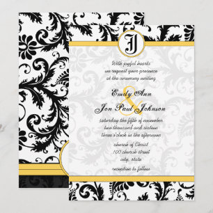 Yellow & Black Damask Swirls Wedding Invitations