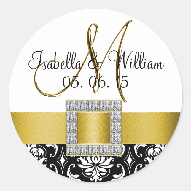 Yellow Black Damask Wedding Favour Sticker (Front)