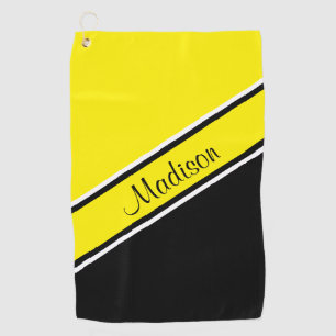 Yellow Black Diagonal Stripe Script Name Golf Towel