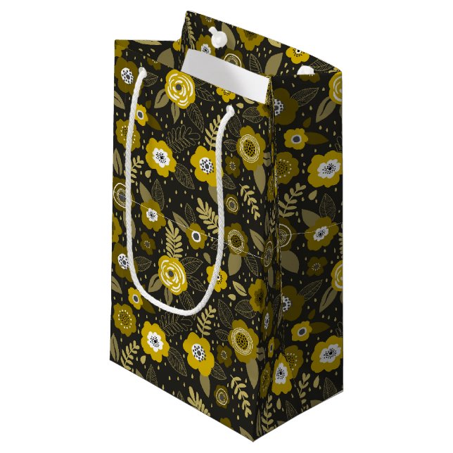 Yellow black elegant ditsy floral pattern small gift bag (Front Angled)