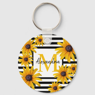 Yellow Black-Eyed Susan Monogram Black Stripe Keychain