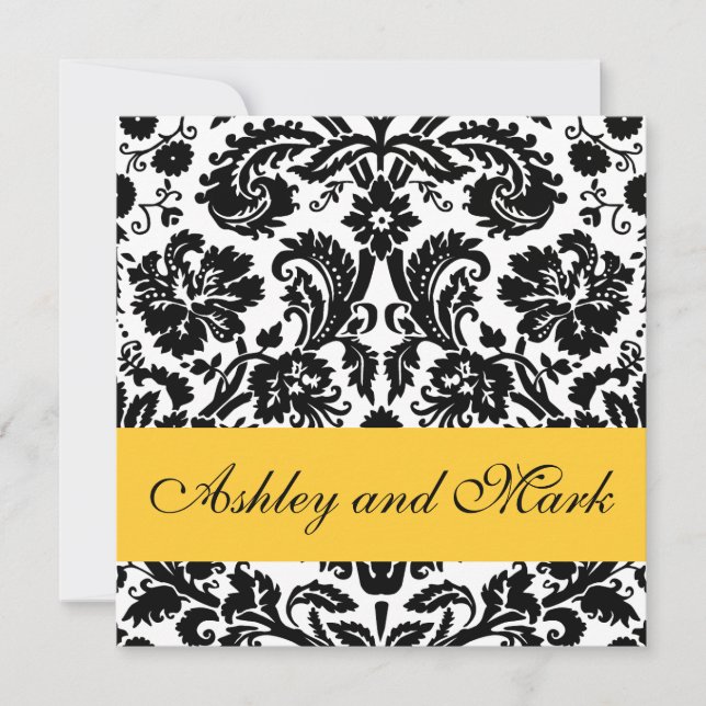 Yellow Black Floral Damask Wedding Invitations (Front)