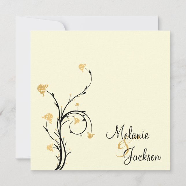 Yellow Black Floral Swirls Cream Post Wedding Invitation (Front)