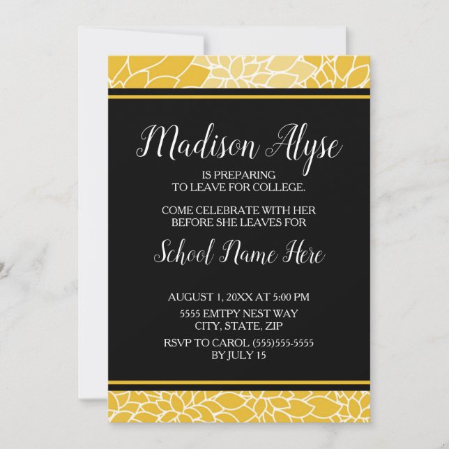 Yellow Black Floral Trunk College Party Invitation (Front)