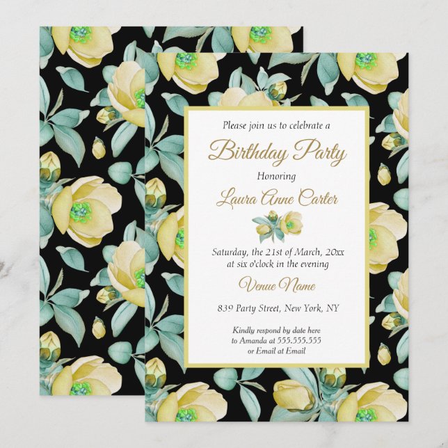 Yellow Black Floral Watercolor Birthday Party Invitation (Front/Back)