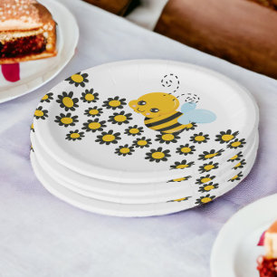 Yellow Black Flower Pattern Paper Plate