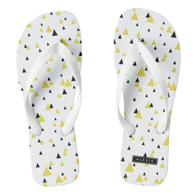 Yellow & Black Geometric Pattern Personalized Flip Flops (Footbed)