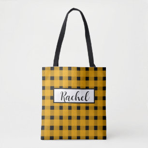 Yellow Black Gingham Personalized Tote Bag