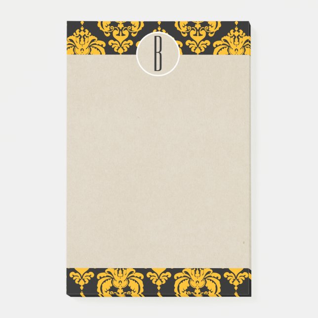 Yellow Black Glam Damask Kraft Monogram Initial Post-it Notes (Front)