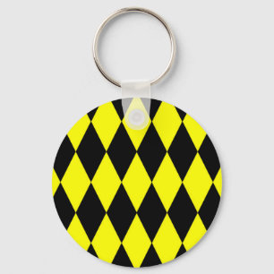 Yellow Black Harlequin Diamonds Checkers Design Keychain