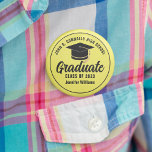 Yellow Black High School Graduate Custom Name Tag 2 Inch Round Button<br><div class="desc">This modern yellow and black custom senior graduate button features classy white typography of your high school or college name for the class of 2025. Customize with your graduating year under the chic black handwritten script and black grad cap for a great personalized graduation name tag for a party or...</div>