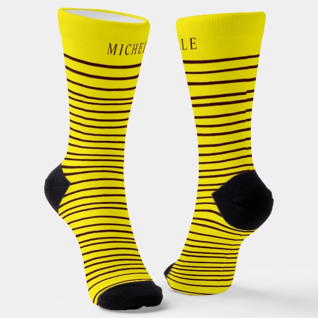 Yellow Black Horizontal Lines Striped Custom Name  Socks (Angled)