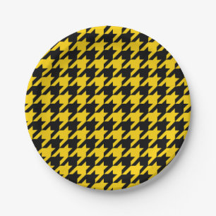 Yellow Black Houndstooth Check Paper Plate