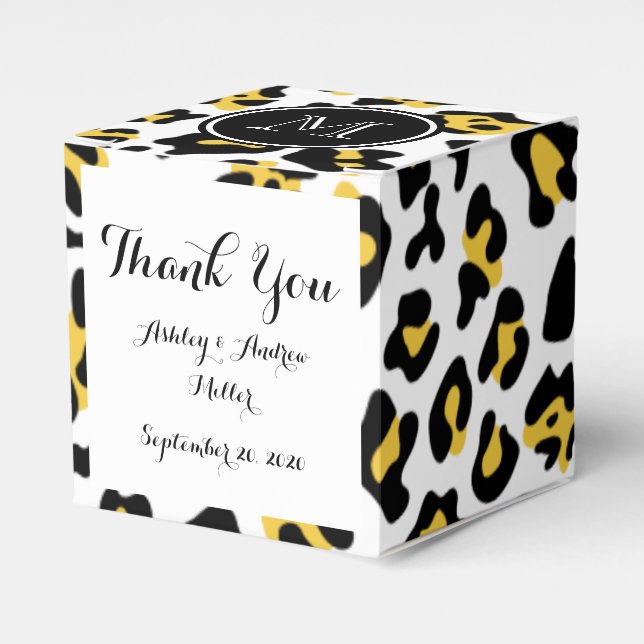 Yellow Black Leopard Animal Print with Monogram Favor Box (Front Side)