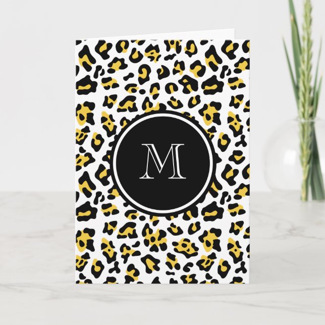 Yellow Black Leopard Animal Print with Monogram Note Card (Front)