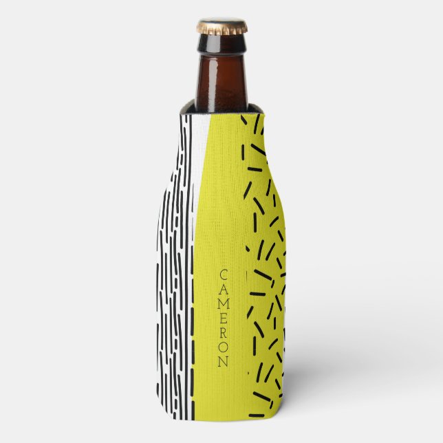 Yellow & Black Mix Geometric Pattern Personalized Bottle Cooler (Bottle Front)