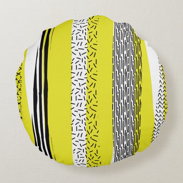Yellow & Black Mix Geometric Pattern Round Pillow (Back)