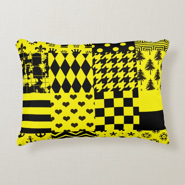 Yellow Black Mixed Patterns Patchwork Design  Accent Pillow (Front)