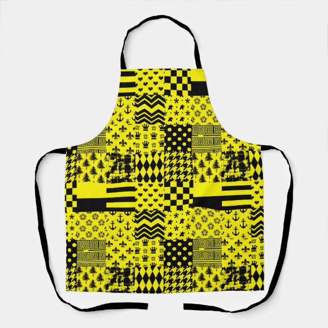 Yellow Black Mixed Patterns Patchwork Design  Apron (Front)