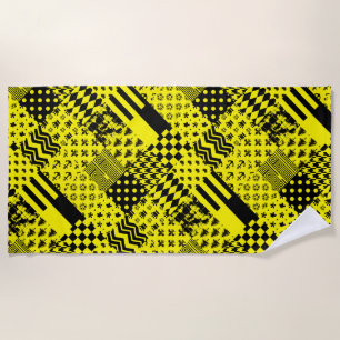Yellow Black Mixed Patterns Patchwork Design Beach Towel