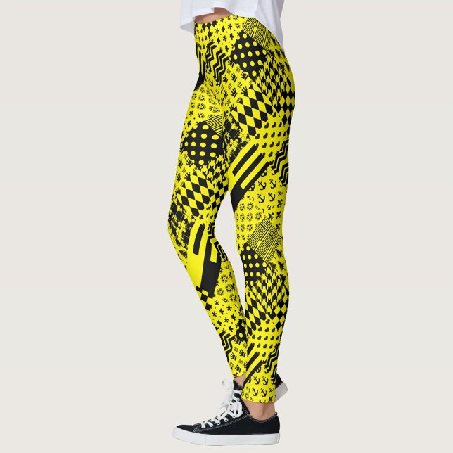 Yellow Black Mixed Patterns Patchwork Design  Leggings (Creator Uploaded)